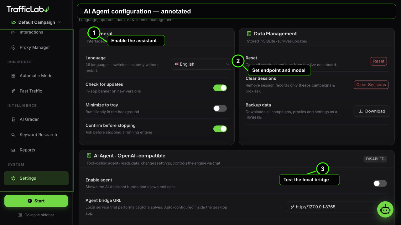 Annotated TrafficLab AI Agent configuration interface with three numbered callouts
