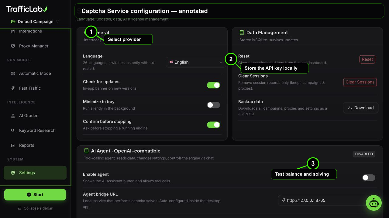 Annotated TrafficLab Captcha Service configuration interface with three numbered callouts