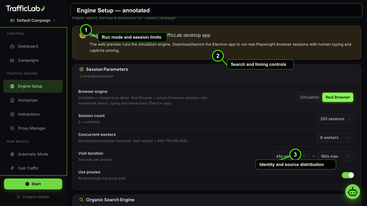Annotated TrafficLab Engine Setup interface with three numbered callouts