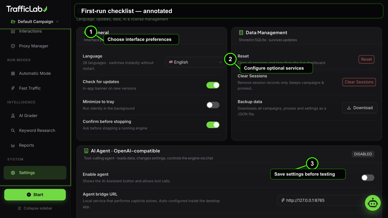 Annotated TrafficLab First-run checklist interface with three numbered callouts