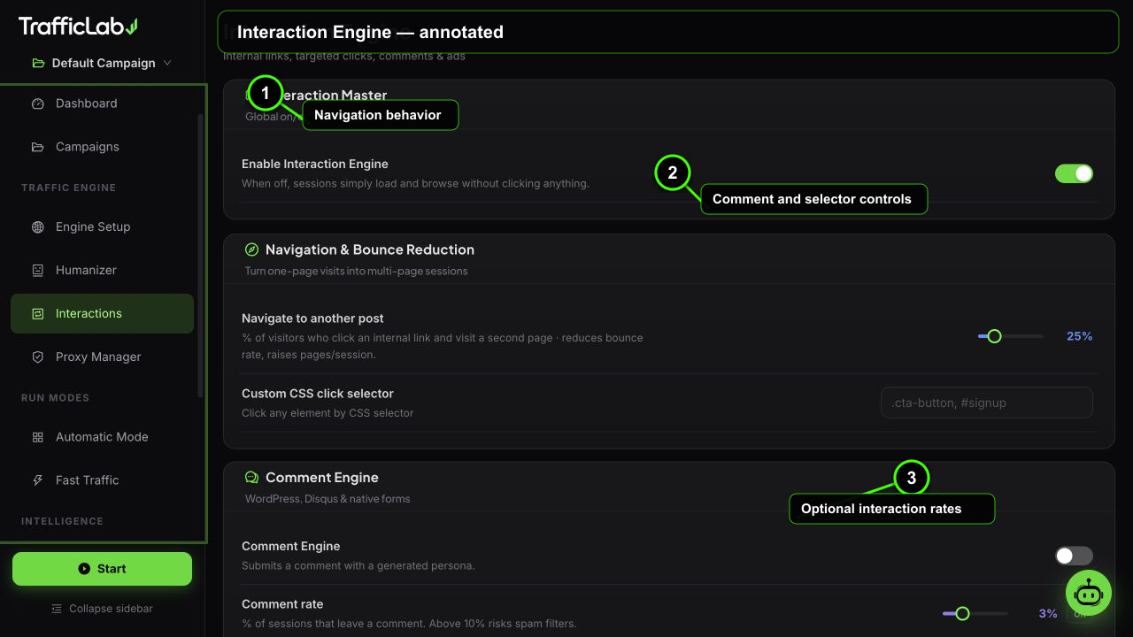 Annotated TrafficLab Interaction Engine interface with three numbered callouts