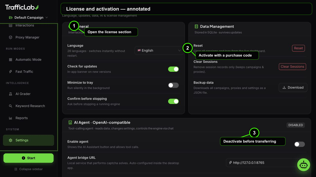 Annotated TrafficLab License and activation interface with three numbered callouts