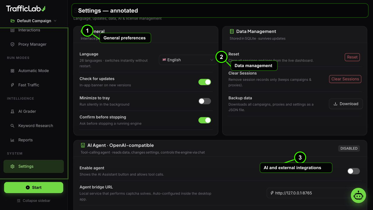 Annotated TrafficLab Settings interface with three numbered callouts